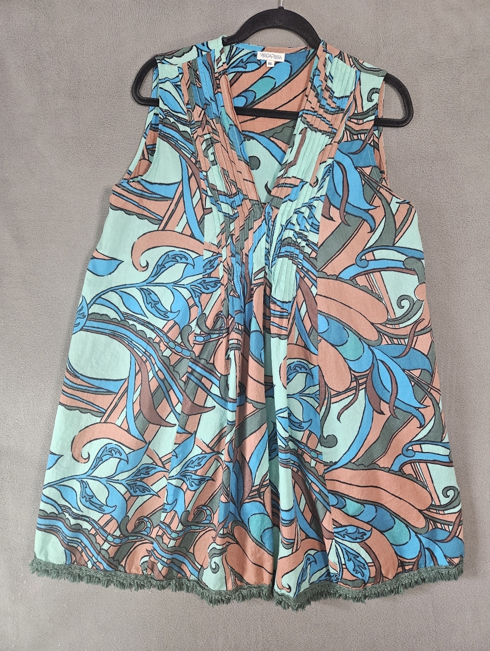 Modaposa Womens XL Hippie Boho Tunic Mini Dress Vneck Tank Tropical Frye Hem